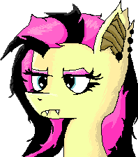 Batpony Fluttershy with black streaks in her mane, her mane is messy and she is wearing eyeshadow. She is angry-neutral. Her fangs are sticking out.