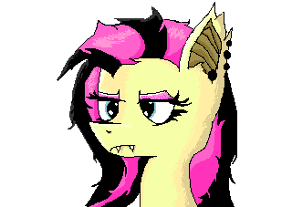 Batpony Fluttershy with black streaks in her mane, her mane is messy and she is wearing eyeshadow. She is angry-neutral. Her fangs are sticking out. She eventually turns into code.